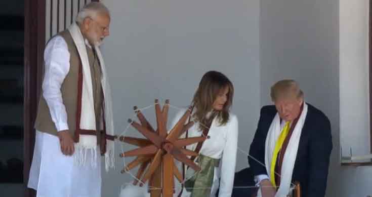 Trumps visit Sabarmati Ashram, try hands on charkha