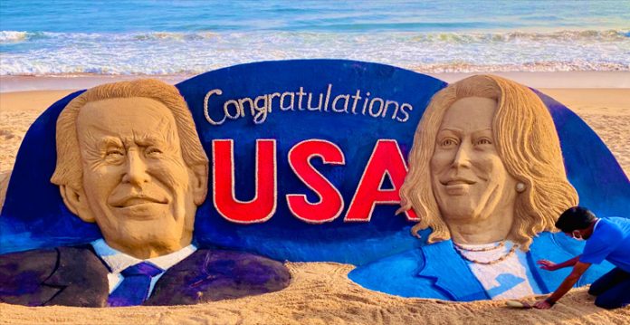 Sand Artist in Odisha Congratulates Joe Biden and Kamala Harris with 25-Foot-Long Sculpture