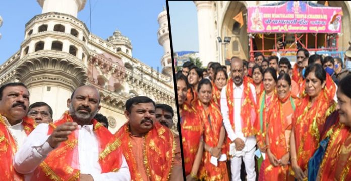 Bandi Sanjay visits Bhagyalaxmi temple along with Corporators