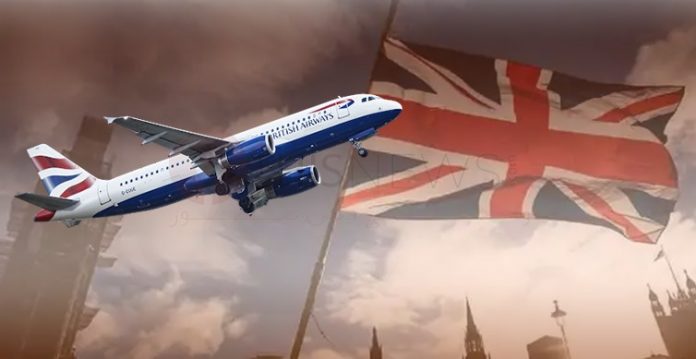Plane and british flag shows Ban of flights from & To UK