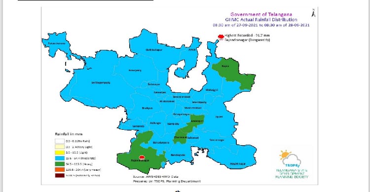 Rajendranagar received highest 91.7 mm rainfall in last 24 hour