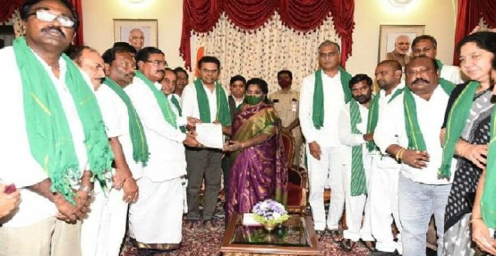 trs leaders meet governor tamilisai on paddy row