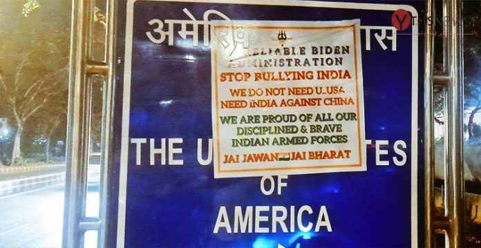 Hindu sena pastes poster outside us embassy