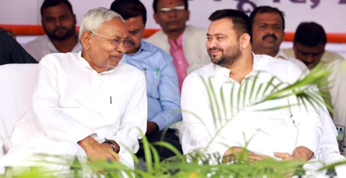 patna: bihar chief minister nitish kumar with deputy chief minister tejashwi yadav during the 135th birth anniversary of first chief minister of bihar shri krishna singh, in patna on friday, october 21, 2022. (photo:ians/twitter)