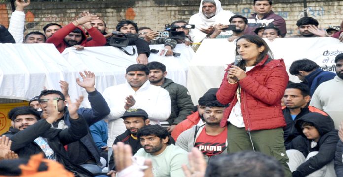 new delhi: wrestler vinesh phogat addresses the media during a protest against the wrestling federation of india (wfi), at jantar matar in new delhi on friday, jan. 20, 2023. (photo: waseem sarvar/ians)