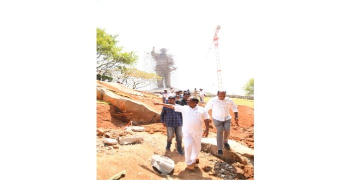 Koppula Eshwar inspects ongoing Ambedkar statue works; directs officials to expedite work