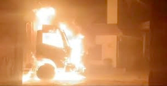 lorry catches fire